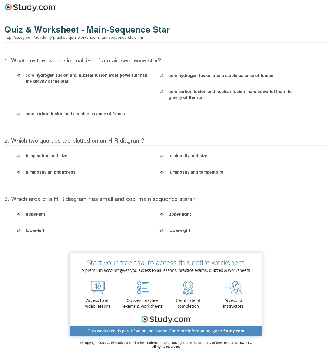 Hr Diagram Definition Quiz Worksheet Main Sequence Star Study