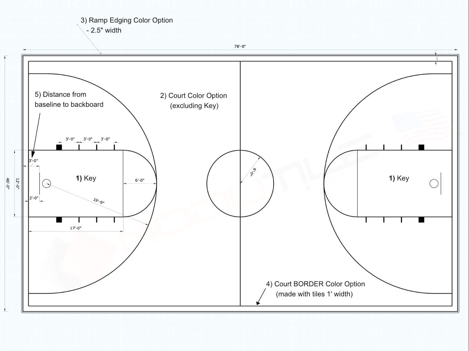 Basketball Half Court Diagram Full Court Basketball Floor 46x78 Kit Modutile Sport Tiles Made In Usa
