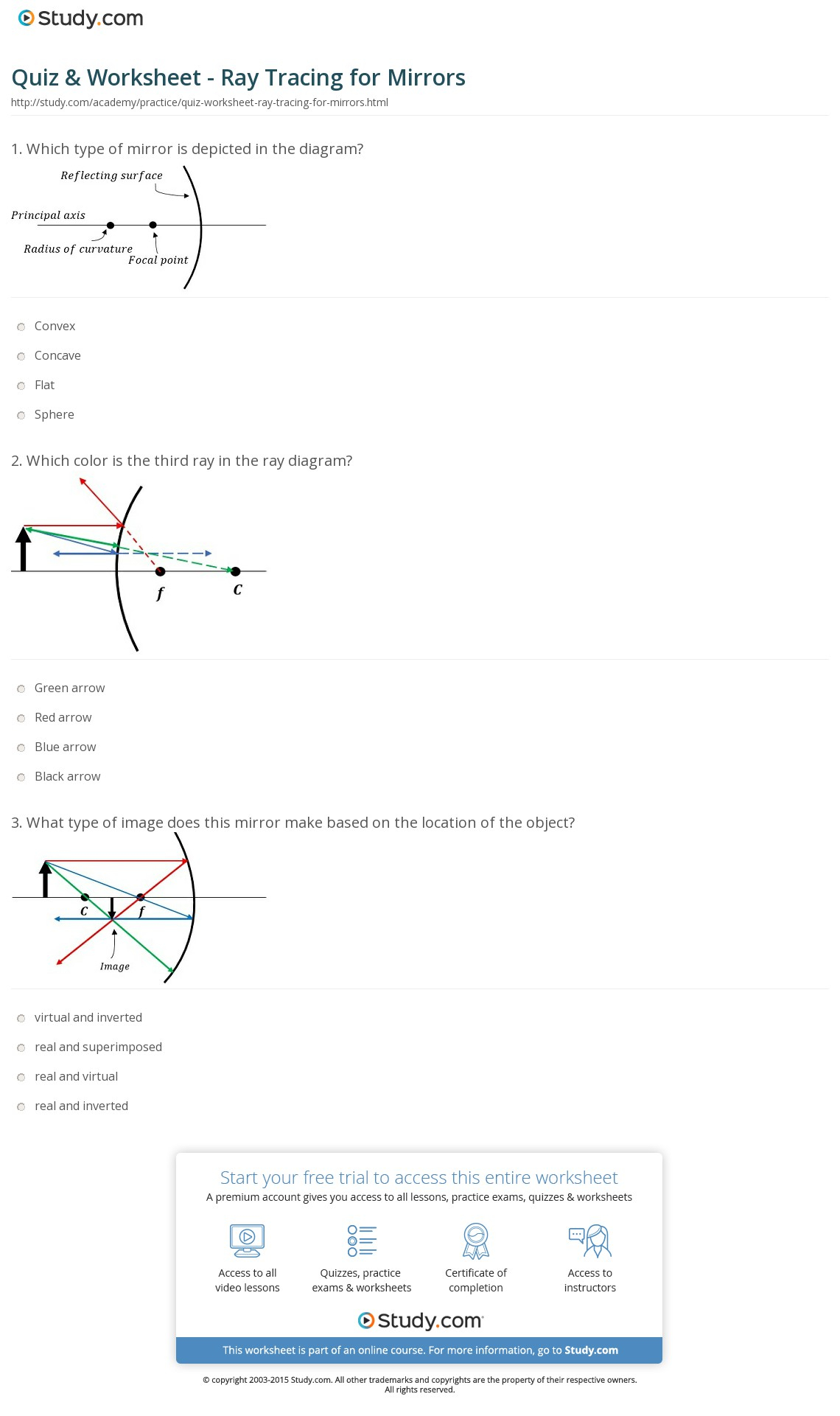 Concave Mirror Ray Diagram Quiz Worksheet Ray Tracing For Mirrors Study