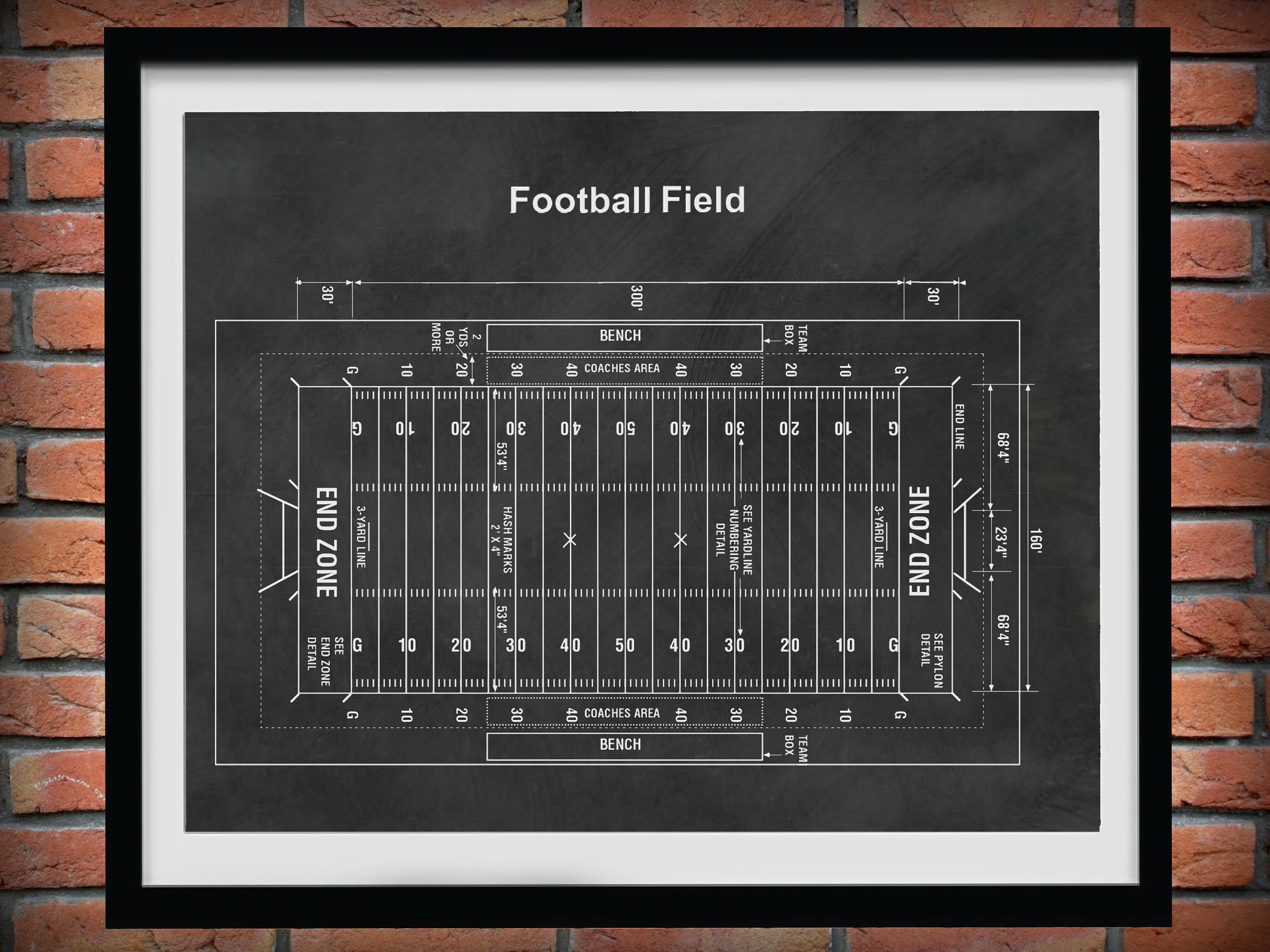 Football Field Diagram Football Field Blueprint Vers 2 Game Room Decor Super Bowl Gift