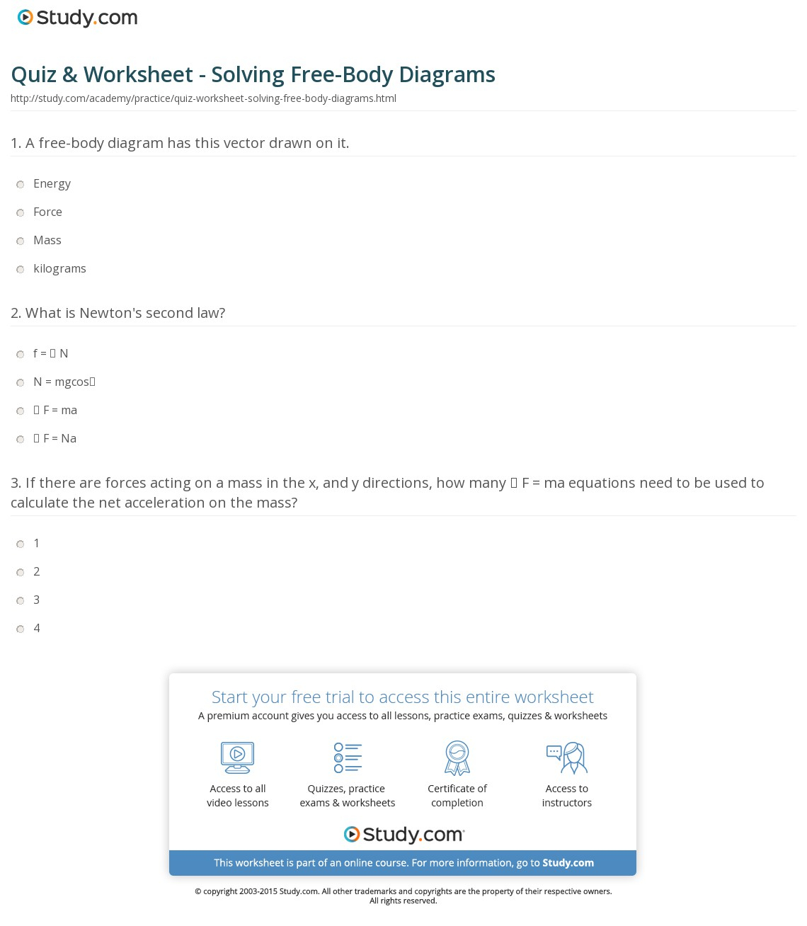Free Body Diagram Worksheet Quiz Worksheet Solving Free Body Diagrams Study