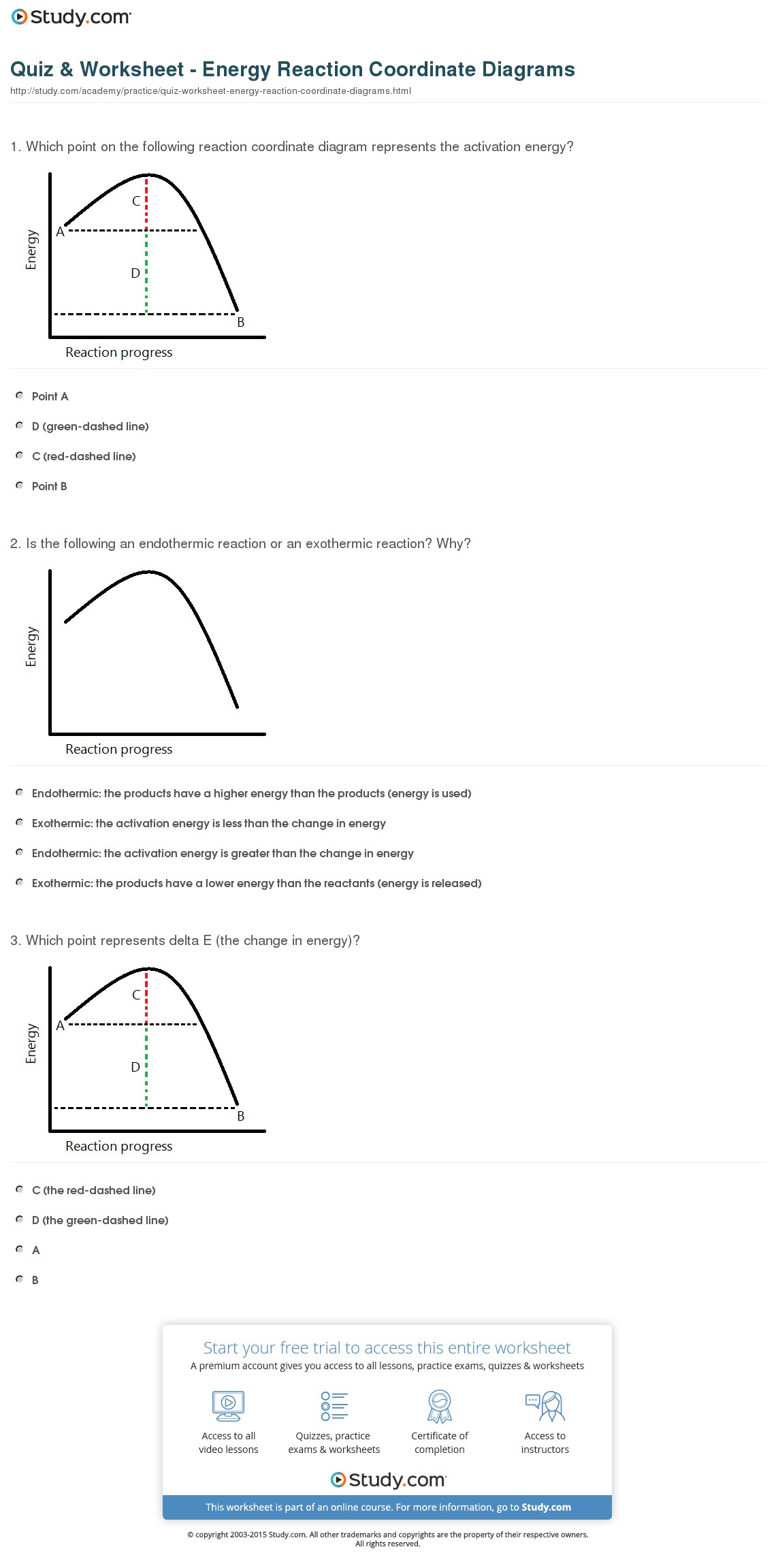Reaction Coordinate Diagram Quiz Worksheet Energy Reaction Coordinate Diagrams Study
