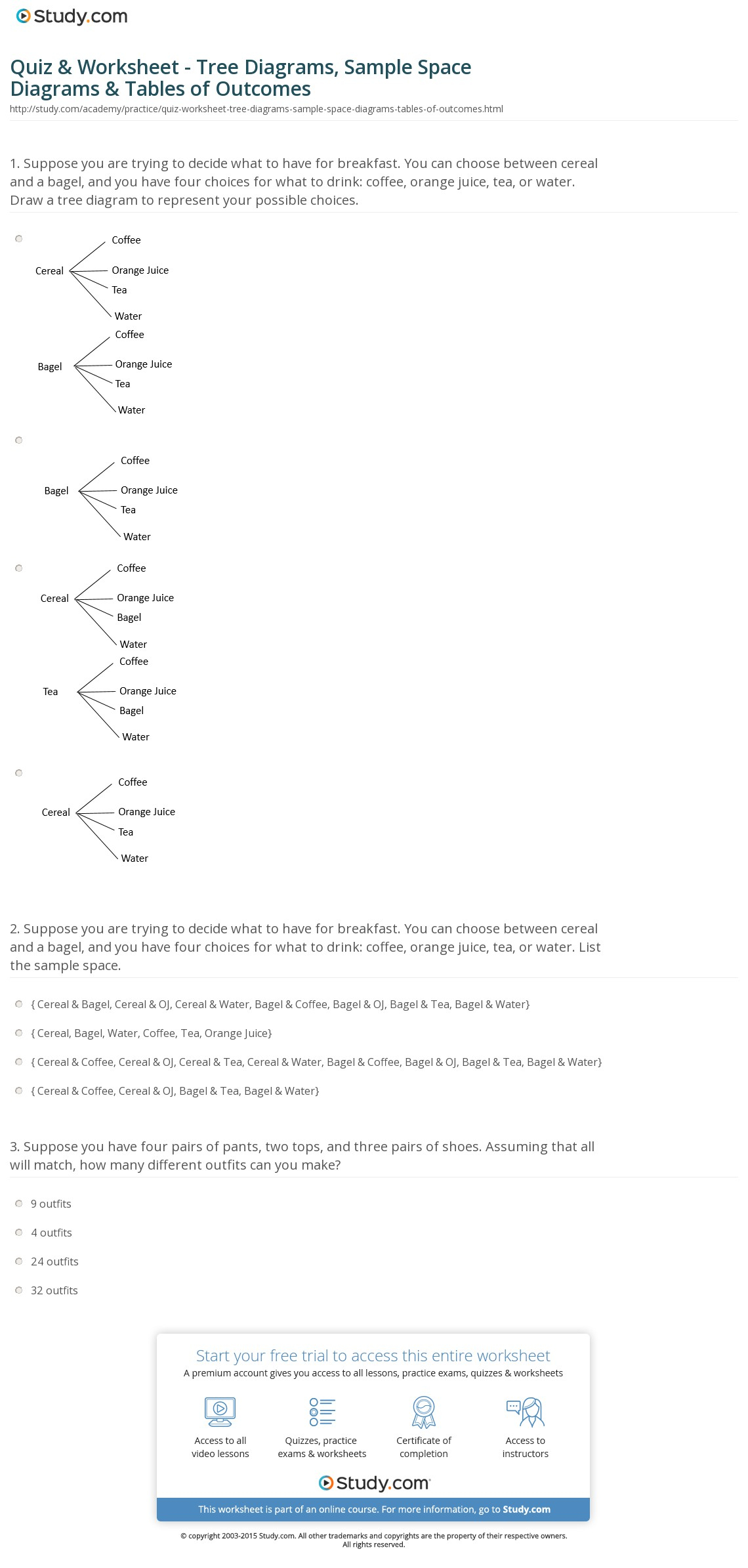 Tree Diagram Definition Math Quiz Worksheet Tree Diagrams Sample Space Diagrams Tables Of