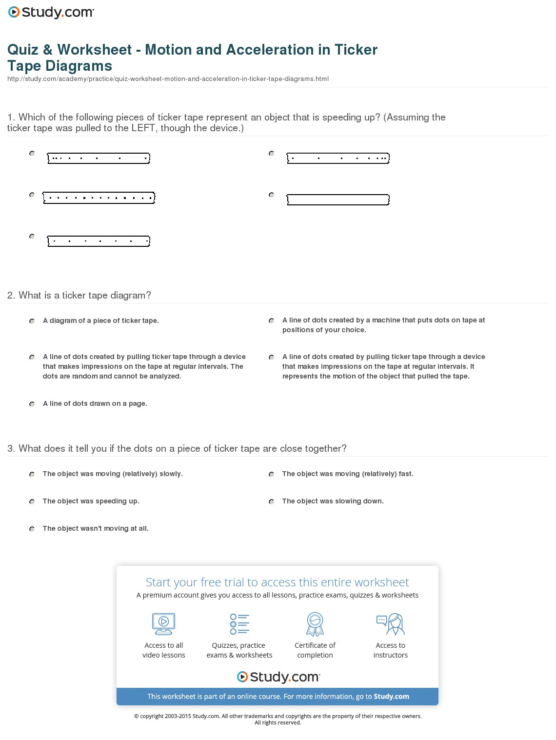 What Is A Tape Diagram Quiz Worksheet Motion And Acceleration In Ticker Tape Diagrams